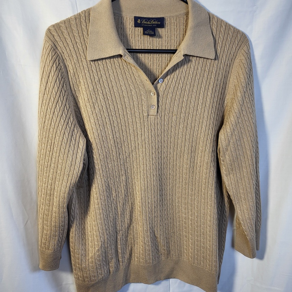 Brooks‎ Brothers Womens Large Silk Cashmere Cable Knit Polo Sweater Tan Beige